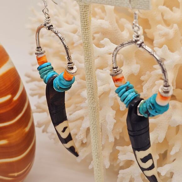 Turquoise Kenya Bone Spiny Oyster Sterling Artisan Teardrop Earrings - Picture 4 of 9